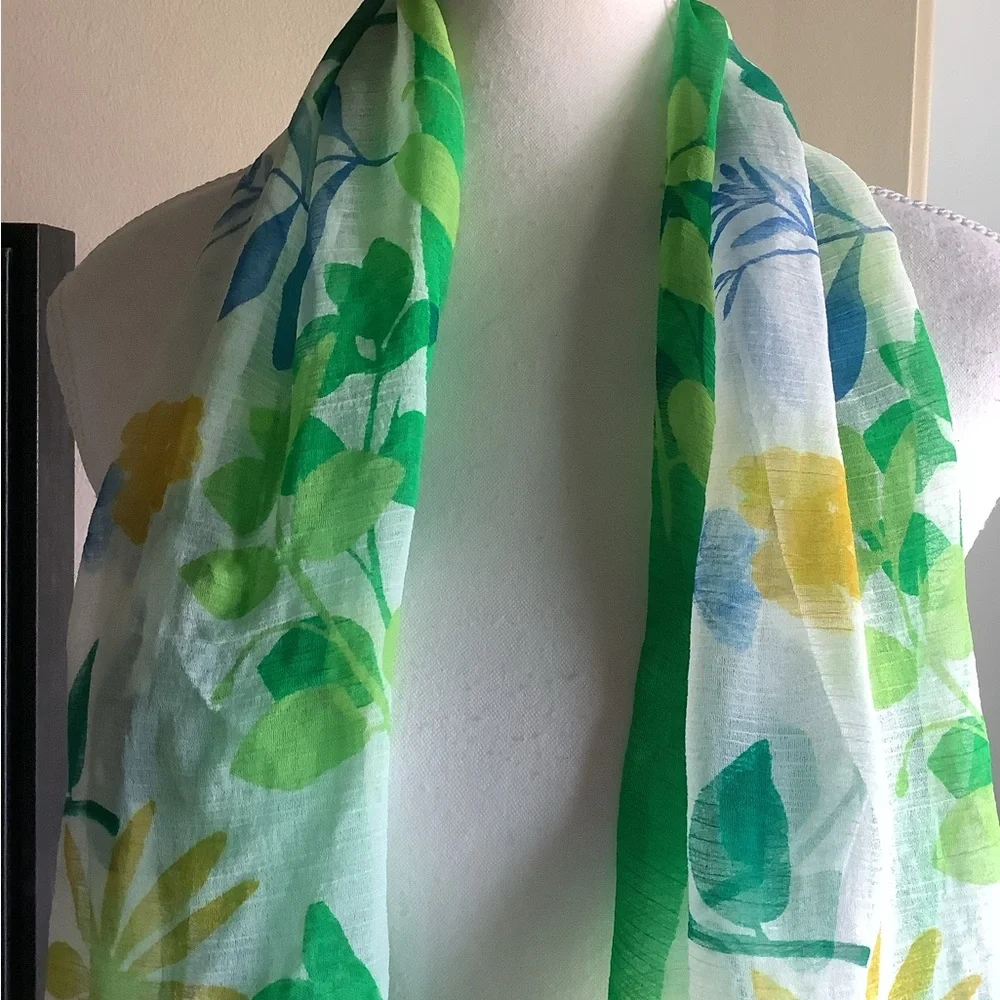 Elaine Gold Sheer Floral Green and Yellow Oblong Scarf